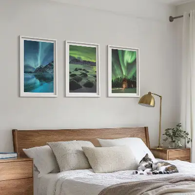 Billedsæt til soveværelset med vinterlandskaber af aurora og bjerge