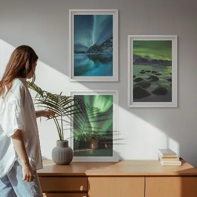 Billedsæt til soveværelset med vinterlandskaber af aurora og bjerge