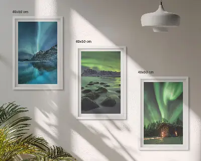 Billedsæt til soveværelset med vinterlandskaber af aurora og bjerge