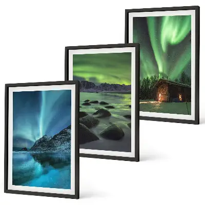 Billedsæt til soveværelset med vinterlandskaber af aurora og bjerge