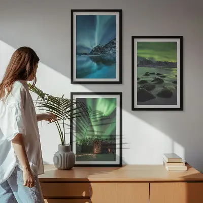 Billedsæt til soveværelset med vinterlandskaber af aurora og bjerge