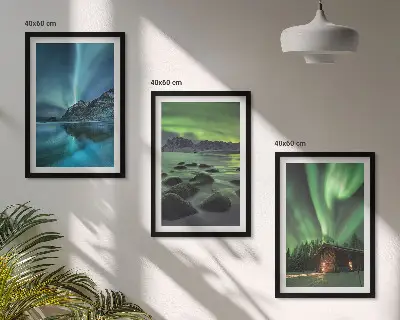Billedsæt til soveværelset med vinterlandskaber af aurora og bjerge