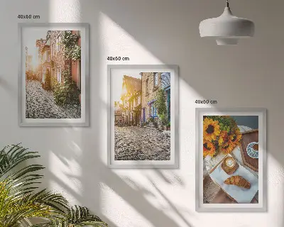 Triptyk-billeder med ramme motiv med gade, kaffe og solsikker