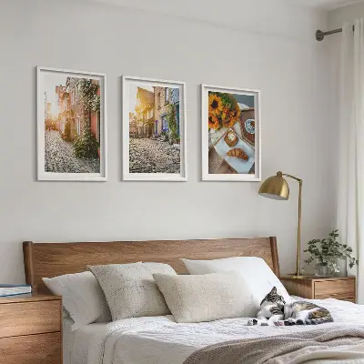 Triptyk-billeder med ramme motiv med gade, kaffe og solsikker