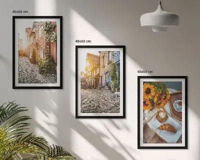 Triptyk-billeder med ramme motiv med gade, kaffe og solsikker
