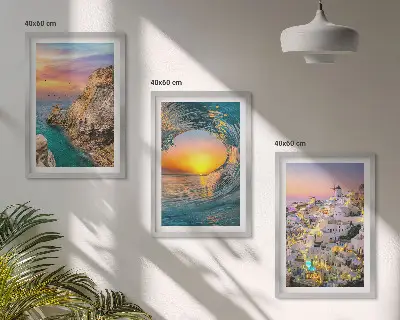 Billedsæt til soveværelset med motiv af hvide huse ved havbølger på Santorini