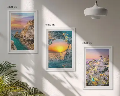 Billedsæt til soveværelset med motiv af hvide huse ved havbølger på Santorini