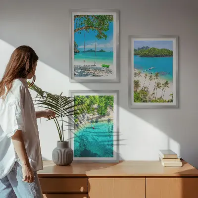 Billedvæg med strand-tema strande, palmer og klart vand