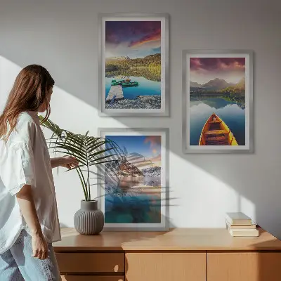 Billedsæt til soveværelset med motiv af søer bjerge og båd
