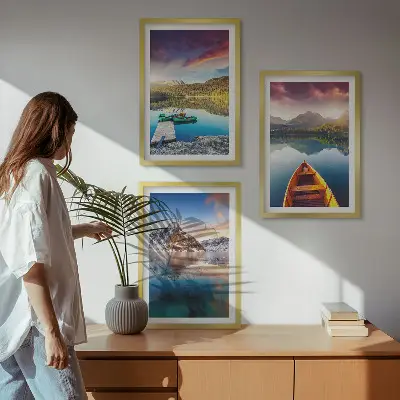Billedsæt til soveværelset med motiv af søer bjerge og båd