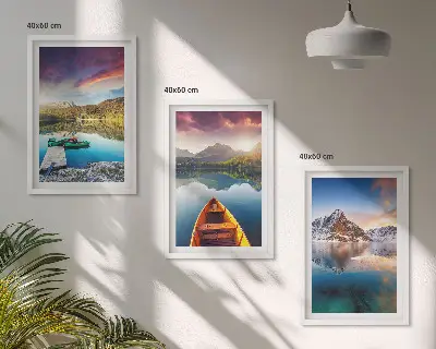 Billedsæt til soveværelset med motiv af søer bjerge og båd