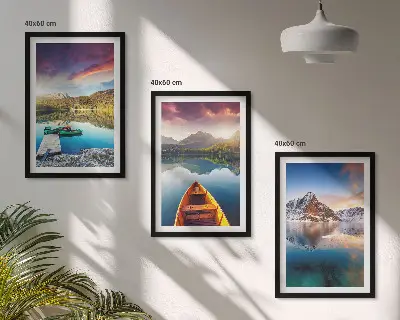 Billedsæt til soveværelset med motiv af søer bjerge og båd