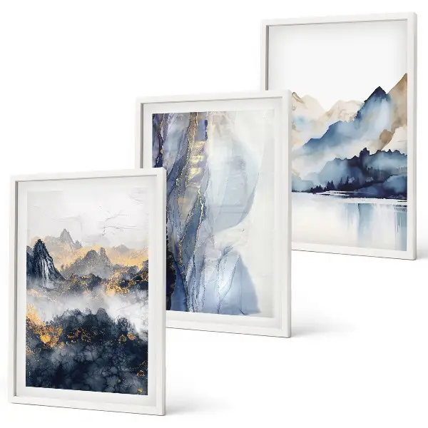 Triptykon med blå og grå bjerglandskaber med ramme