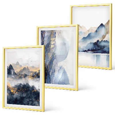 Triptykon billeder med ramme Blå og grå bjerglandskaber