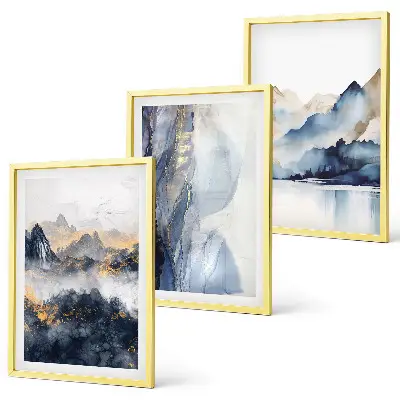Triptykon med blå og grå bjerglandskaber med ramme