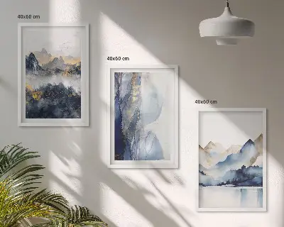Triptykon med blå og grå bjerglandskaber med ramme