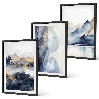 Triptykon med blå og grå bjerglandskaber med ramme