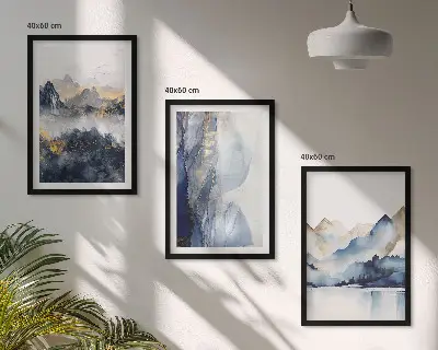 Triptykon med blå og grå bjerglandskaber med ramme
