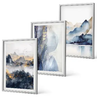 Triptykon med blå og grå bjerglandskaber med ramme