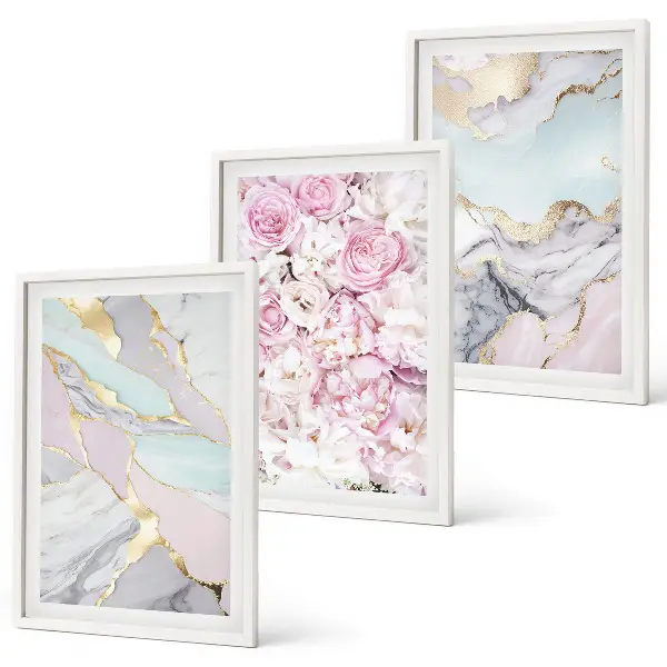 Billedsæt til soveværelset med lyserøde blomster i marmor og pastelfarver