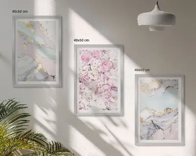 Billedsæt til soveværelset med lyserøde blomster i marmor og pastelfarver