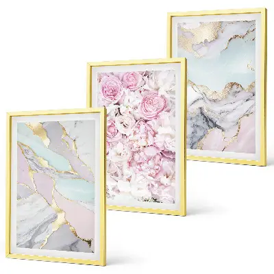 Billedsæt til soveværelset med lyserøde blomster i marmor og pastelfarver