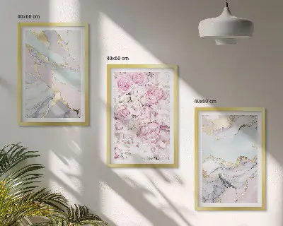 Billedsæt til soveværelset med lyserøde blomster i marmor og pastelfarver