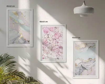 Billedsæt til soveværelset med lyserøde blomster i marmor og pastelfarver