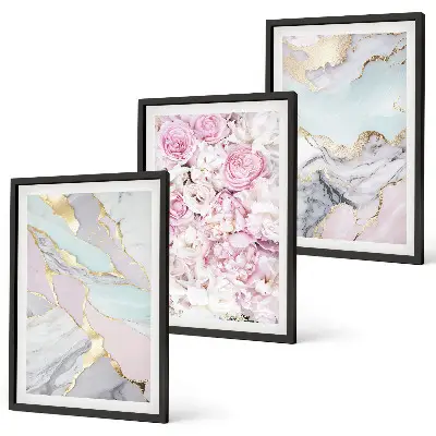 Billedsæt til soveværelset med lyserøde blomster i marmor og pastelfarver