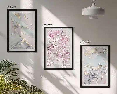 Billedsæt til soveværelset med lyserøde blomster i marmor og pastelfarver