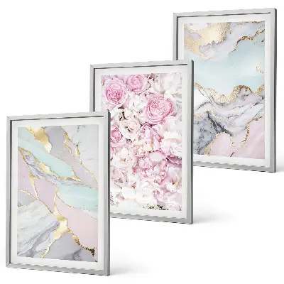 Billedsæt til soveværelset med lyserøde blomster i marmor og pastelfarver