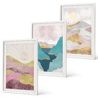 Billedvæg med abstrakte bjerge og sol inspiration til din billedvæg