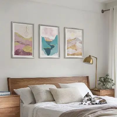 Billedvæg med abstrakte bjerge og sol inspiration til din billedvæg