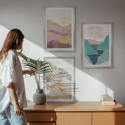 Billedvæg med abstrakte bjerge og sol inspiration til din billedvæg