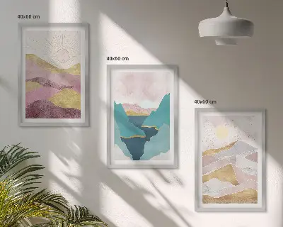 Billedvæg med abstrakte bjerge og sol inspiration til din billedvæg