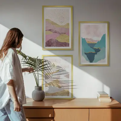Billedvæg med abstrakte bjerge og sol inspiration til din billedvæg