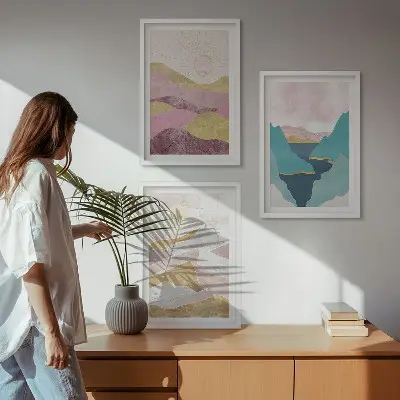 Billedvæg med abstrakte bjerge og sol inspiration til din billedvæg
