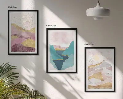 Billedvæg med abstrakte bjerge og sol inspiration til din billedvæg