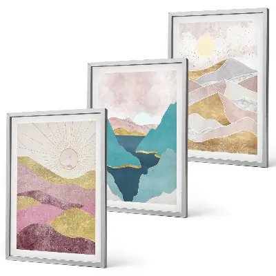 Billedvæg med abstrakte bjerge og sol inspiration til din billedvæg