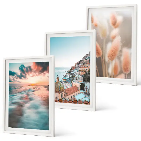 Triptykon med havsolnedgang og blomster inklusive ramme