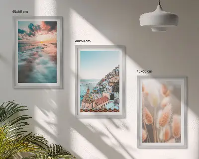 Triptykon med havsolnedgang og blomster inklusive ramme