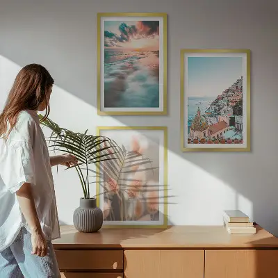 Triptykon med havsolnedgang og blomster inklusive ramme