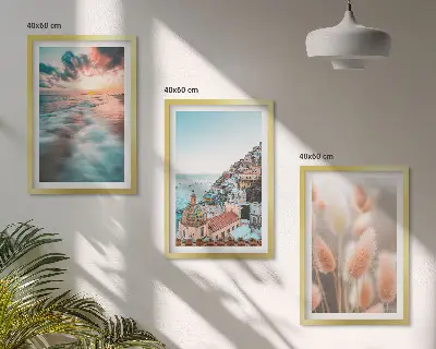 Triptykon med havsolnedgang og blomster inklusive ramme