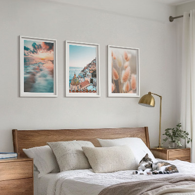 Triptykon billeder med ramme Havsolnedgang huser blomster