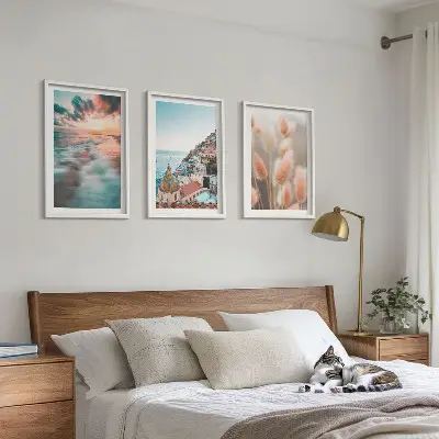 Triptykon med havsolnedgang og blomster inklusive ramme