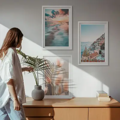 Triptykon med havsolnedgang og blomster inklusive ramme