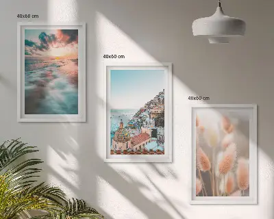 Triptykon med havsolnedgang og blomster inklusive ramme