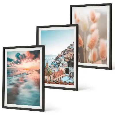 Triptykon med havsolnedgang og blomster inklusive ramme