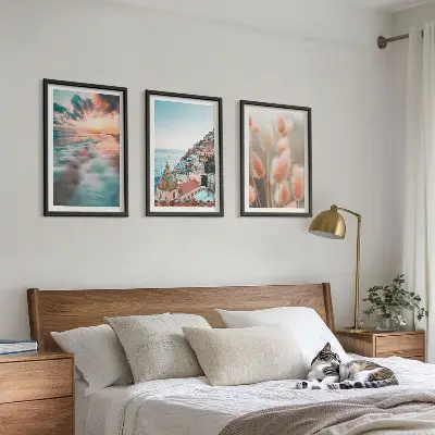 Triptykon med havsolnedgang og blomster inklusive ramme