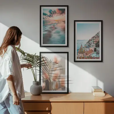 Triptykon med havsolnedgang og blomster inklusive ramme